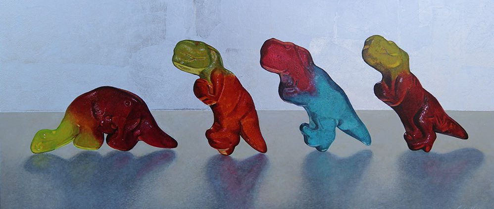 Still life painting of gummy dinosaurs by Gordon Harris.